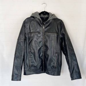 Medium Men’s Black Rivet Distressed Moto Jacket Removable Zip Hood